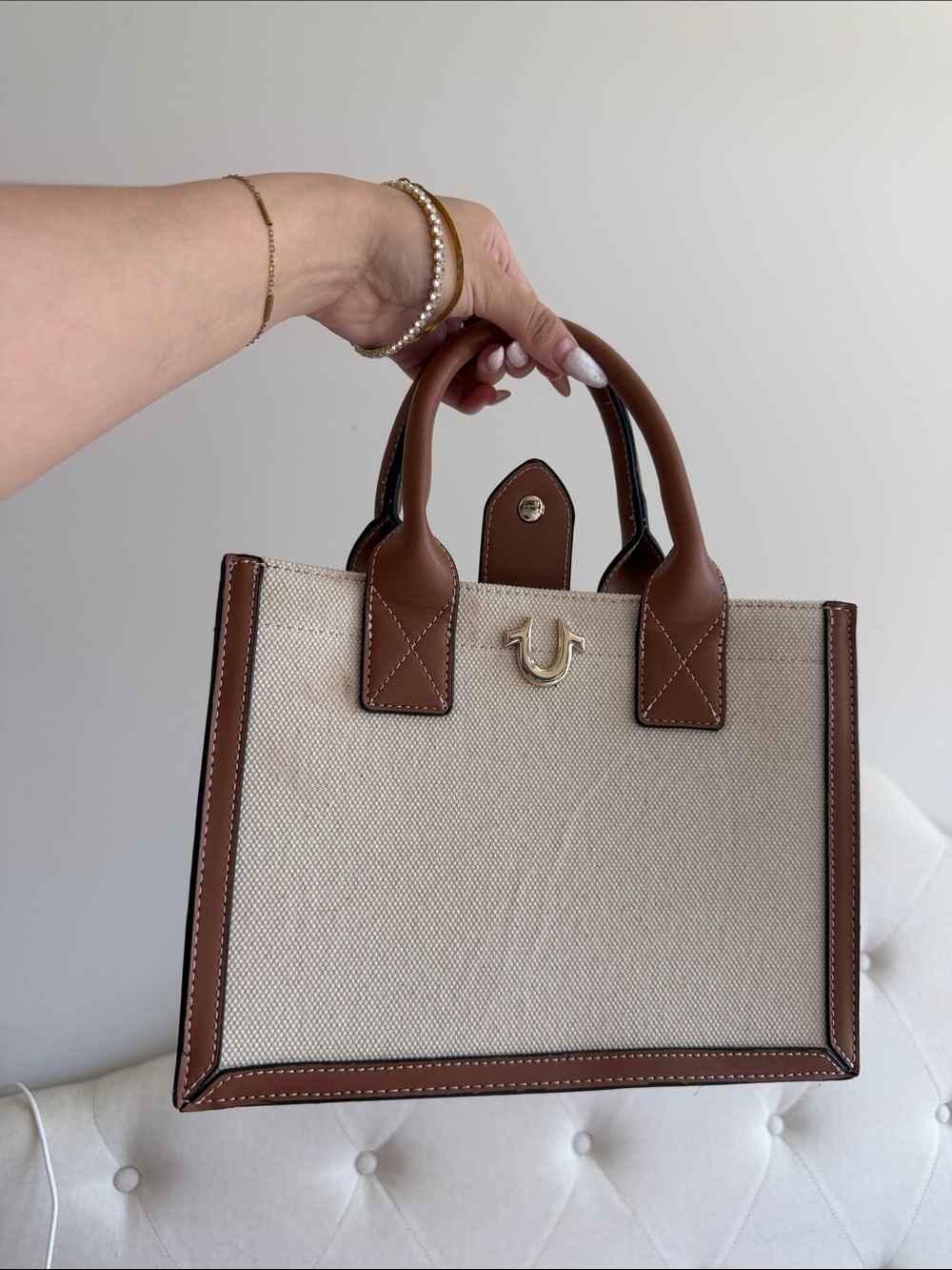 True Religion Beige summer Canvas and Brown Leather Top-Handle purse